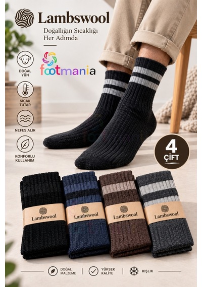 Footmania 4 Çift Erkek Orjinal Jakarlı Yün Erkek Soket Lambswool Çorap Çok Renkli