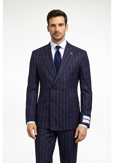 Fabıo Cassel Lacivert Çizgili Kruvaze Erkek Takım Elbise Slim Fit Lacivert