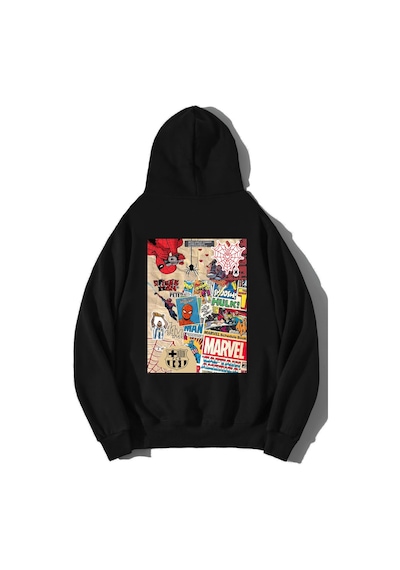 Brz Collection Unisex Oversize Marvel Schedule Book Hoodie Siyah