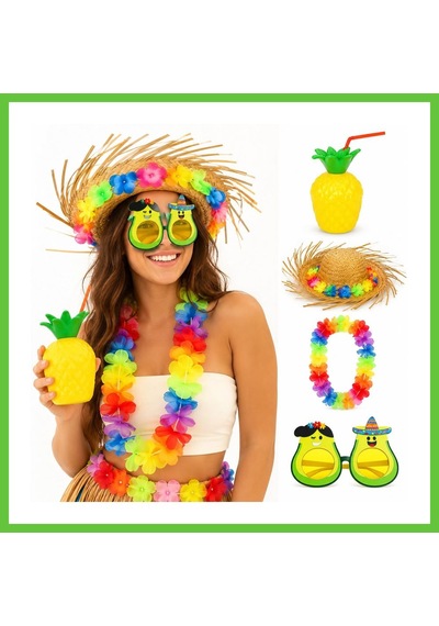 Bezos 4 Parça Hawaii Parti Seti Ananas Bardak Hasır Şapka Avokado Gözlük Çiçek Kolye Dmc Diğer