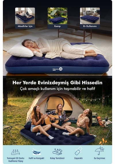 Livenzi Nature Çift Kişilik Şişme Yatak Yastık + Manuel Şişirme Pompası 191 137 22 Cm Lacivert