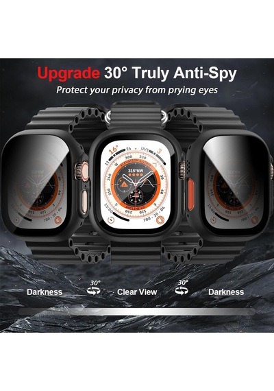Caseonn Apple Watch Uyumlu Ultra Kılıf Hayalet Ekranlı Anti-spy Gizlilik Korumalı Bumper Kasa Siyah