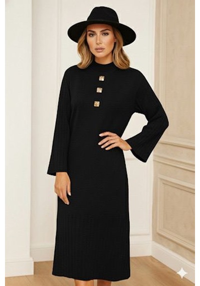 Onno Style Women Triko 3 Düğme Elbise Siyah
