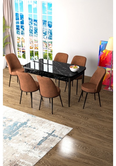 Canisa Zen Serisi 80x132 Mdf Açılabilir Siyah Mermer Desen Masa Takımı Ve 6 Kiremit Sandalye Masa Siyah Mermer Desen Sandalye Kiremit Canisa Zen Serisi 80x132 Mdf Açılabilir Siyah Mermer Desen Masa Takımı Ve 6 Kiremit Sandalye Masa Siyah Mermer Desen Sandalye Kiremit