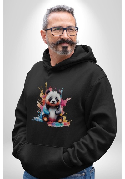 Renkli Yavru Panda Kadın Erkek Siyah Kapüşonlu Sweatshirt Hoodie Siyah