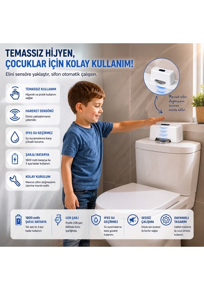 Hpytech Temassız Otomatik Tuvalet Sifonu Şarjlı Hareket Sensörlü Usb Şarjlı Ipx5 Su Geçirmez Üstten Basmalı Rezervuar Uyumlu Beyaz