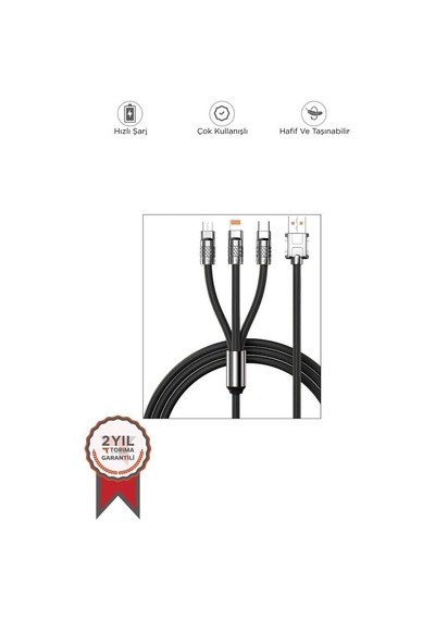 Şarj Kablosu Usb To Type-c Lightning Micro 3ın1 Data Kablo U160 Siyah Diğer
