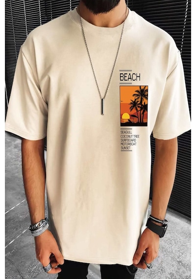 Uyguntarz Beach Baskılı Oversize Erkek Tshirt - Bej