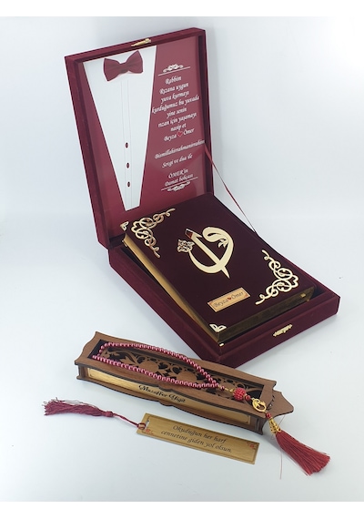 Damat Bohçası Plaketli Kuranı Kerim Orta Boy Bordo Kadife -