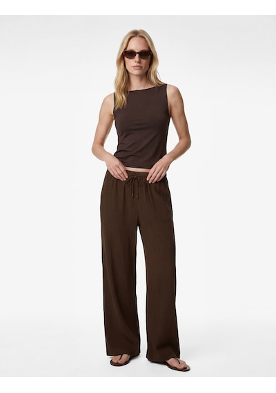 Koton Beli Lastikli Bağlamalı Geniş Paça Pantolon Kahverengi 6sak40240pw Kahve