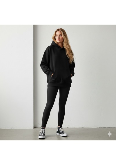 Maki Home Makiteks Siyah Pamuklu Unisex Cepli Kapüşonlu Rahat Kesim Gülen Yüz Baskılı Sweatshirt SiYAH