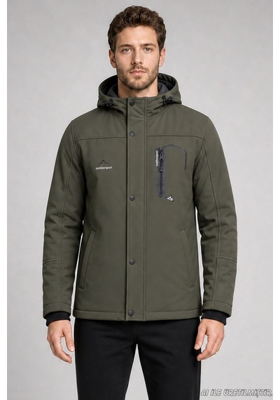 Freemen Erkek Kapüşonlu İçi Kürklü Su Ve Rüzgar Geçirmez Outdoor Softshell Mont-414 Haki