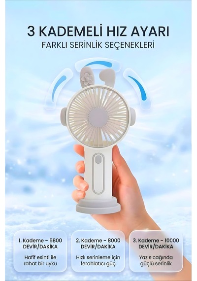 Şarjlı Taşınabilir Sevimli Kulak Tasarımlı Mini Fan 3 Kademeli Hız Telefon Standlı Vantilatör Gri