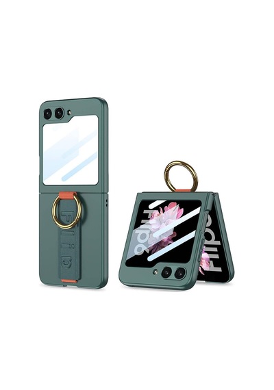 Galaxy Z Flip 6 Kılıf Kamera Korumalı Yüzüklü Karbon Tasarımlı Zore Flip Ring Kıpta Kapak-gri-yeşil Çok Renkli