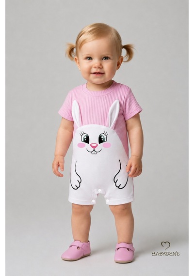 Babyden's Tavşan Figürlü Kız Bebek Şortlu Tulum %100 Pamuk Yazlık Tulum Günlük Bebek Tulumu 0-9 Ay Pembe
