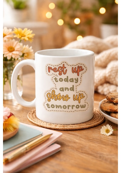 Motivasyon Mesajlı Porselen Kupa Model 146 Rest Up Today, Show Up Tomorrow Yazılı Kahve & Çay Kupası Hediye Fikri Diğer