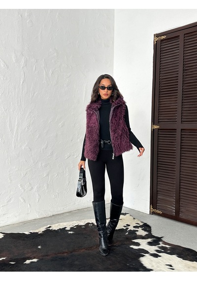 Verymoda Yapay Kürk Kadın Yelek Fermuarlı, Yumuşak Dokulu I Vmf2046 Mürdüm