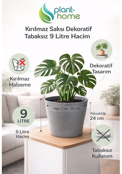 Büyük Boy 9.8 Litre Frost Grey Saksı İç Ve Dış Mekan Uyumlu Dekoratif Saksı