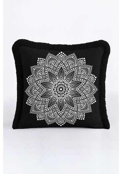 Mandala Motifli Saçaklı Yastık Kılıfı - Etnik Siyah Beyaz Bohem Püsküllü Kırlent Kılıfı Orman Limon Sarısı