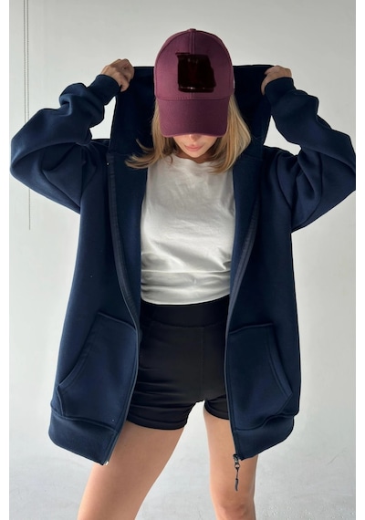 Bb Butik Basic Oversize Kalın Üç Iplik Fermuarlı Kapüşonlu Sweatshirt Koyu Lacivert