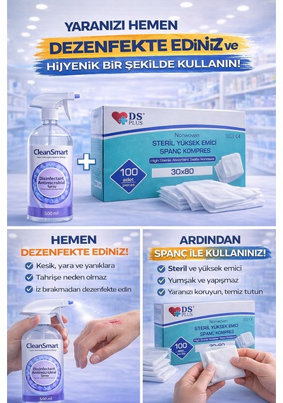 Nonwoven Steril Spanç Kompres 100 Lü 30 80 Cm + Cleansmart 500 Ml Dezenfektan Sprey
