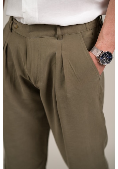 Akçaylar Çift Pileli Yazlık Modal Kumaş Beli Yarım Lastili Baggy Pantolon Yeşil