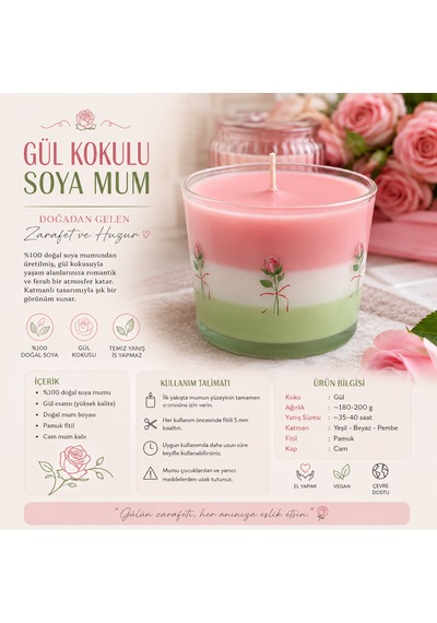 Katmanlı Tasarım El Yapımı %100 Doğal Soya Mumu Açık Pembe