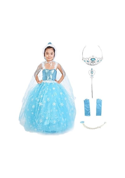 Masho Kids Frozen Elsa Pelerinli Şapkalı Tarlatanlı Kostüm 6'Lı Set Askılı M