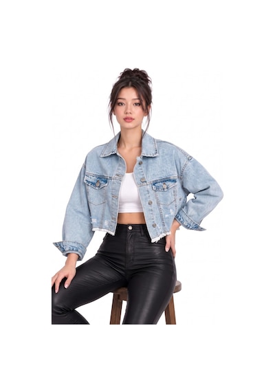 Saade Mavi Sırt Yırtık Detaylı Püsküllü Crop Denim Ceket