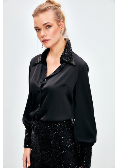 Sateen Payet Detaylı Saten Gömlek - Siyah-134117 Siyah