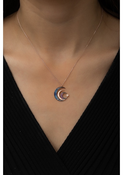 Papatya Silver Üç Hilal ve Yıldız Ritimli Bayrak Kolye Renkli Taş Rose Gold Kaplama 925 Ayar Gümüş UVPS100500
