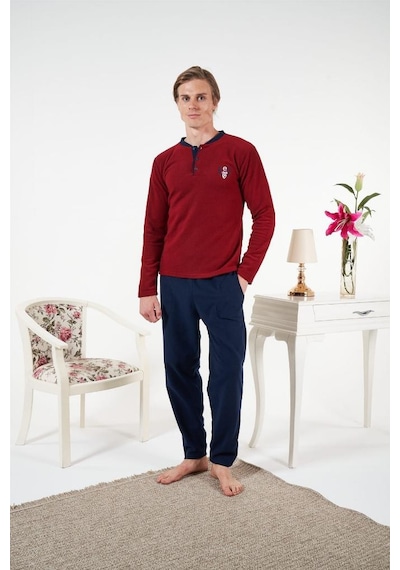 Estiva Düz Renk Uzun Kol Polar Erkek Pijama Takım Bordo