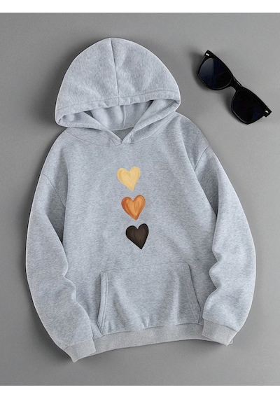 Uyguntarz Unisex Sirali Kalp Baskılı Oversize Sweatshirt Gri