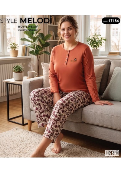 Melodi 17184 Uzun Kol %100 Pamuk Battal Büyük Beden Kadın Pijama Takımı Kiremit