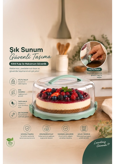 Porsima L-00501-2 Kilitli Kulplu Yuvarlak Kek Ve Pasta Taşıma Fanusu 26 Cm Turkuaz / Su Yeşili