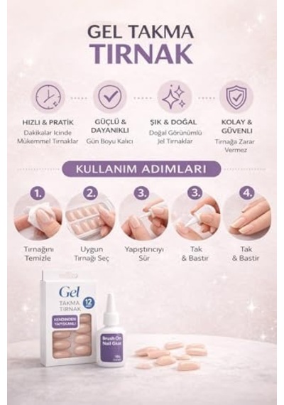 Gel Takma Tırnak Seti 12 Adet Kendinden Yapışkanlı Press-on Nails, Doğal Görünüm, Dayanıklı Ve Kolay Uygulama, Evde Profesyonel Manikür, Brush On Nail Glue Yapıştırıcı Dahil