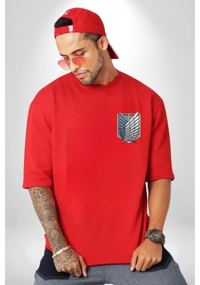 Anime Titan Saldırısı Kırmızı Oversize Unisex Ön Ve Sırt Baskılı Tişört Kırmızı