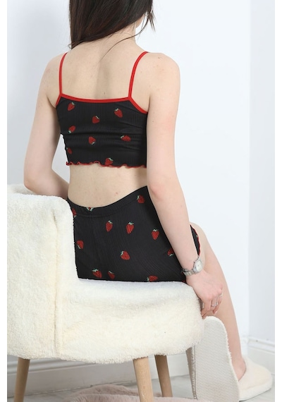 Lukitus İp Askılı Şortlu Pegasus Crop Pijama Takımı Siyah