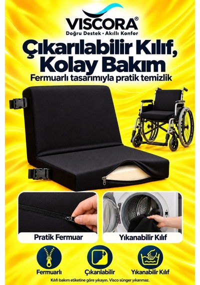 Tekerlekli Sandalye Minderi Tek Parça Visco Destek Ve Oturma Minderi, Klipsli Siyah