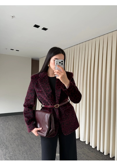Laluvia Bordo Leopar Kemerli Ceket - 9614 Bordo