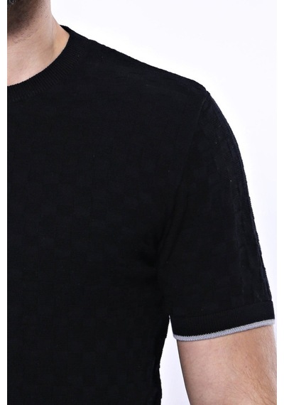 Yake Store Kendinden Desenli Örme Siyah Erkek Bisiklet Yaka T-shirt - Wessi - Siyah