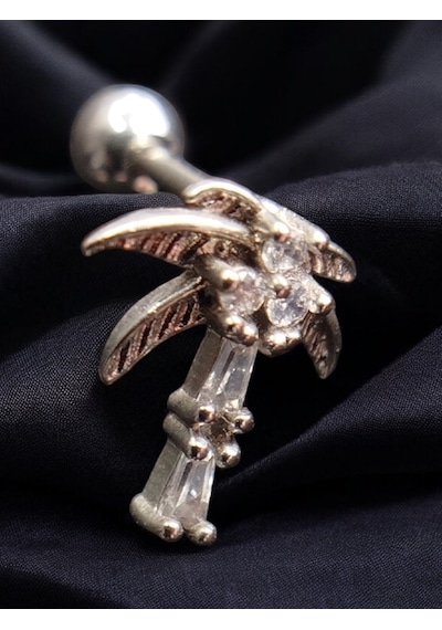 Palmiye Model Taşlı Sılver Renk Helıx Tragus Conch Piercing Gri