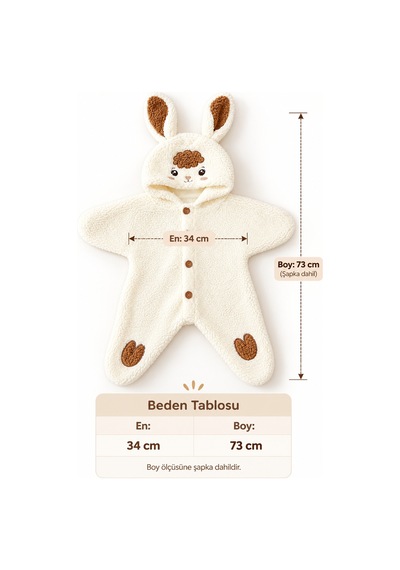 Beniizle 0-6 Ay Kuzu Desenli Peluş Bebek Tulum Kapüşonlu Welsoft Tulum Ekru