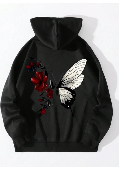 Startmore Floral & Butterfly Print Drawstring Lined Hoodie Siyah Siyah