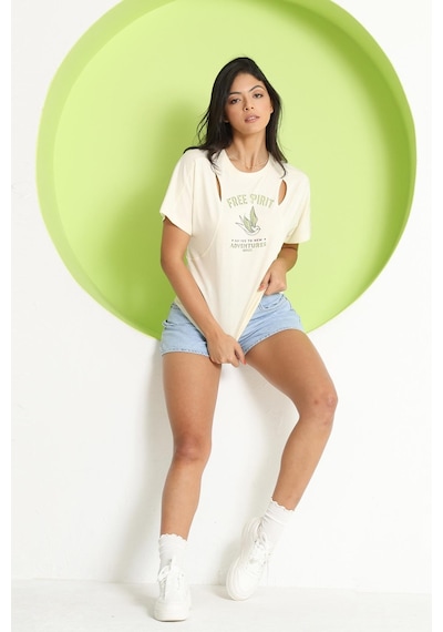 Kadın Cut Out Detaylı T-shirt Ekru