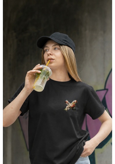 Spoyi Vintage Flower X Tasarımlı %100 Pamuk Yarım Oversize Siyah T-lhirt