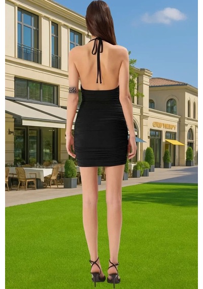 Ersefa Yazlık Kısa Elbise Bodycon Degaje Yaka Polyester Elastan Mini Abi Siyah