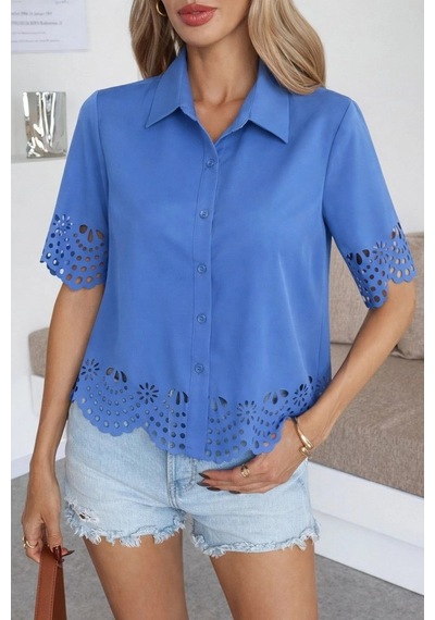 Defymoda Kadın Kısa Kollu Yakalı Önden Düğmeli Dubai Gömlek Bluz Mavi