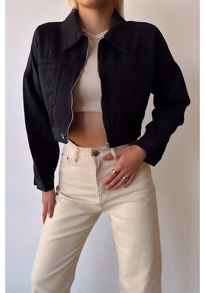 Siyah Çift Cepli Fermuarlı Yıkamalı Crop Denim Ceket Bcdf-235410 Çok Renkli