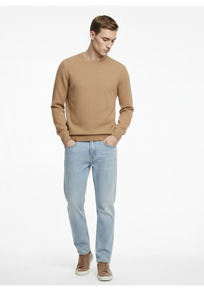 Alpha Studio Bej Erkek Bisiklet Yaka Regular Fit Kazak Au-3210c Pacth Crewneck Knıt